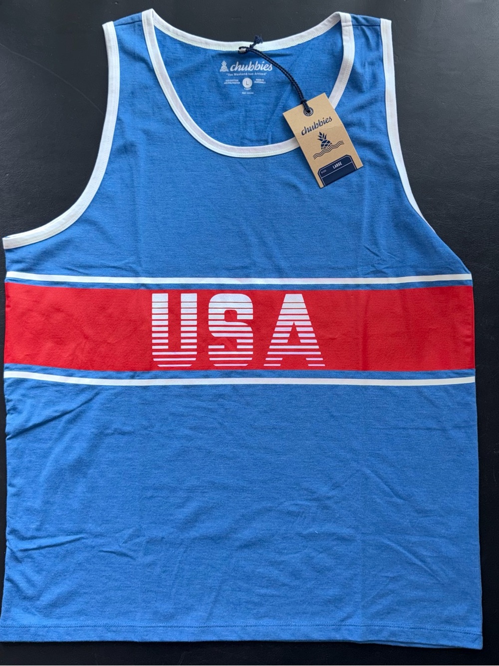 chubbies Blue Tank Top with Red USA Chest Stripe - L NWT